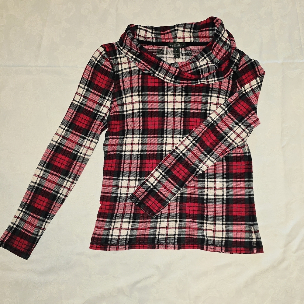 Ralph Lauren LRL Medium Red Plaid Cowl Neck Long Sleeve Cotton Top Holiday